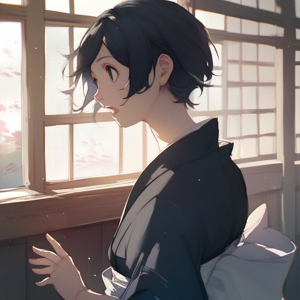 score_9, score_8_up, score_7_up, score_6_up, izana-shinatose, Shidonia-no-Kishi, 1girl, solo, open mouth, short hair, black hair, upper body, japanese clothes, indoors, kimono, sash, window, swept bangs, black kimono, sensitive