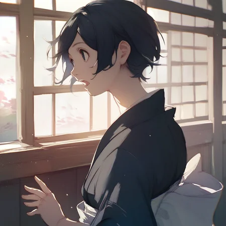 score_9, score_8_up, score_7_up, score_6_up, izana-shinatose, Shidonia-no-Kishi, 1girl, solo, open mouth, short hair, black hair, upper body, japanese clothes, indoors, kimono, sash, window, swept bangs, black kimono, sensitive