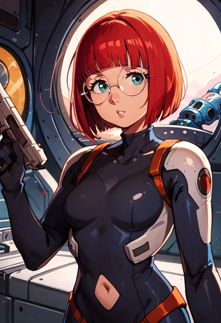 score_9, score_8_up, score_7_up, solo, 1girl,
round eyewear, glasses, parted lips, hip vent, navel_cutout, nylon, bodysuit, spacesuit, raygun, blunt bangs, bob cut,