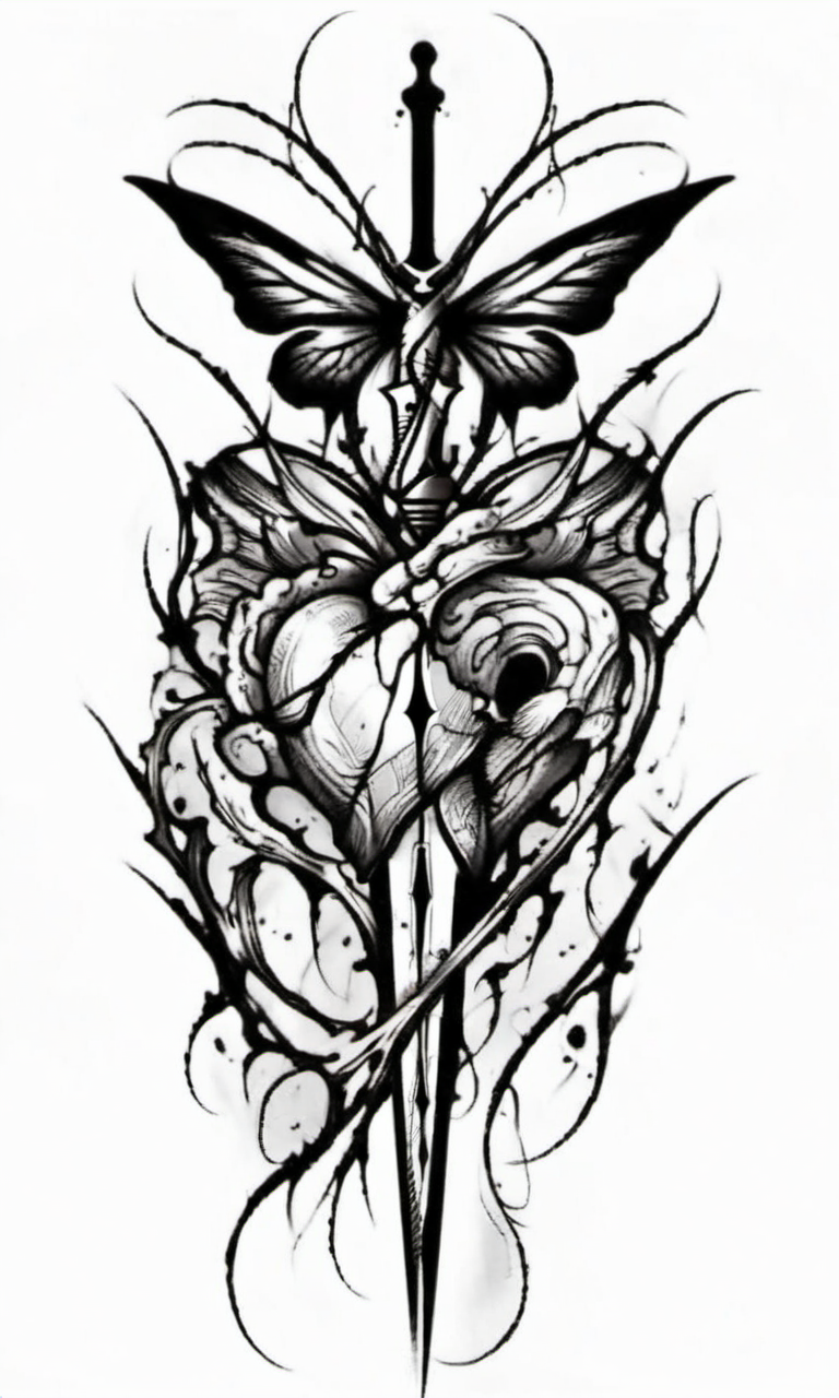 A sword is inserted upright into a heart, 1 a butterfly at the top of the sword,draktattoo,white background <lora:diablo-1119:1>