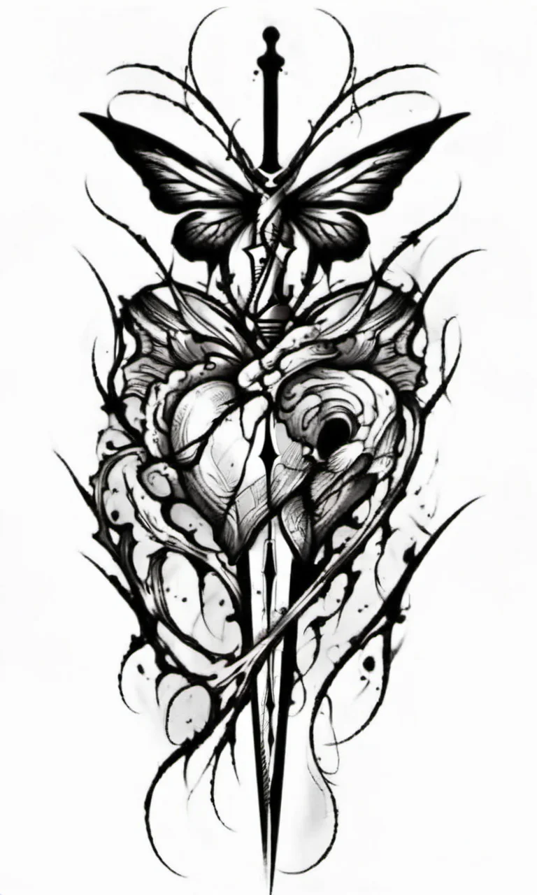 A sword is inserted upright into a heart, 1 a butterfly at the top of the sword,draktattoo,white background <lora:diablo-1119:1>
