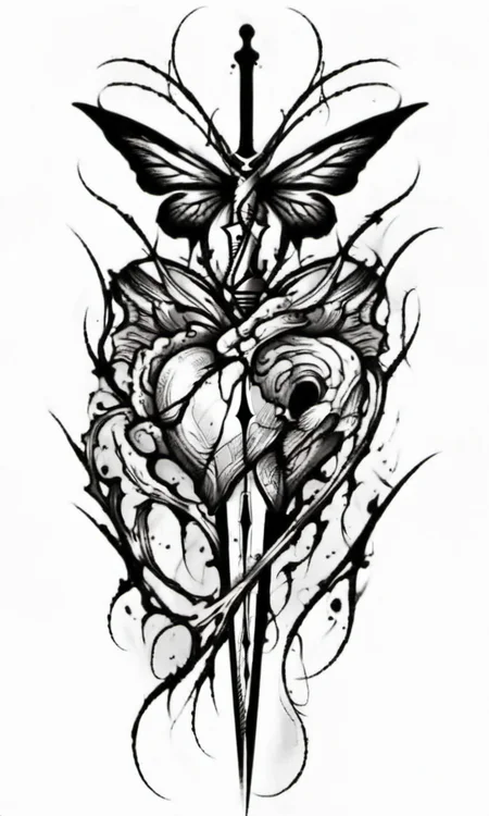 A sword is inserted upright into a heart, 1 a butterfly at the top of the sword,draktattoo,white background <lora:diablo-1119:1>