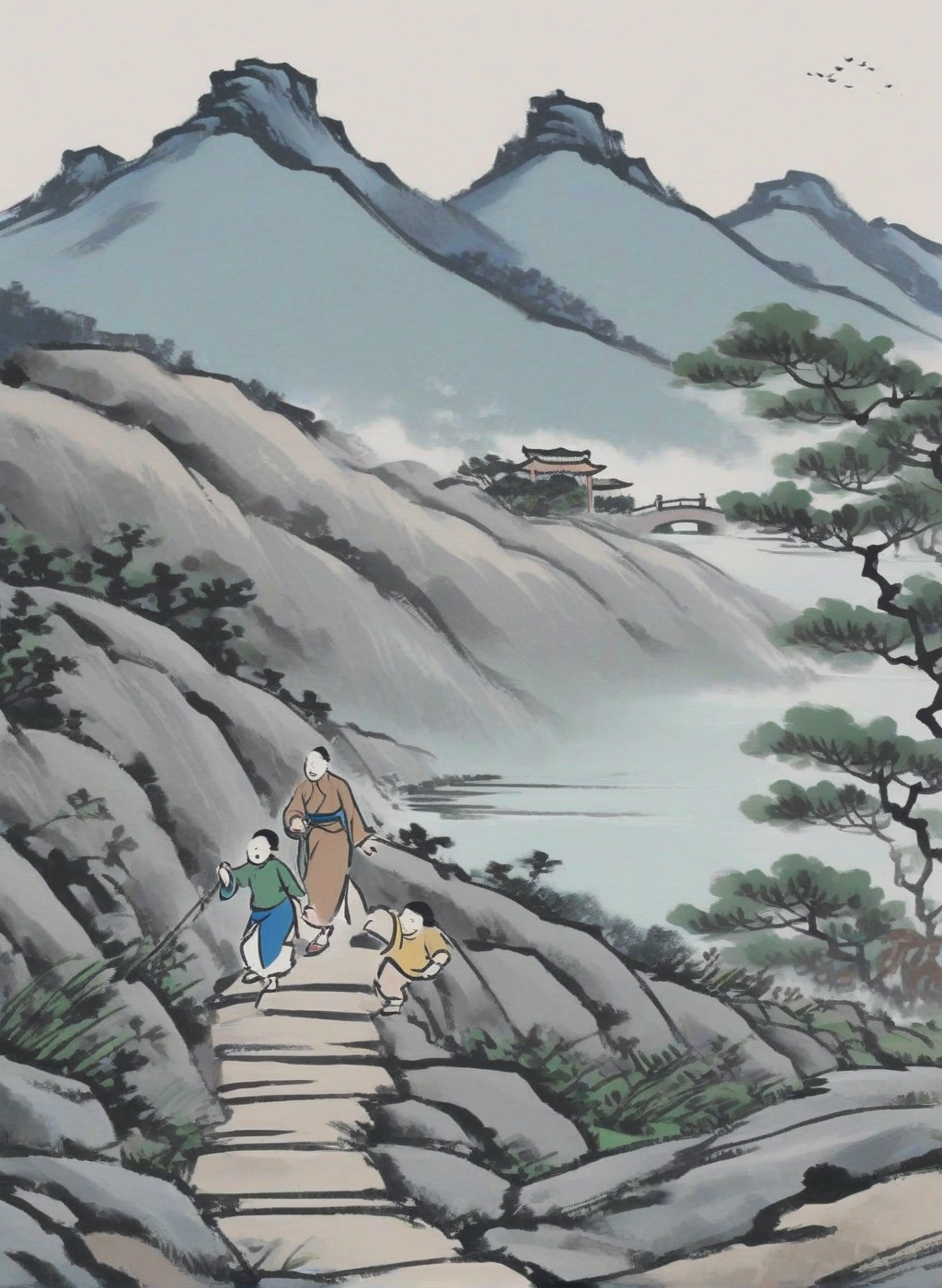 masterpiece,1lady holding 1girl's hand,climbing the moutain,stone steps road,plants,blue cheongsam,1gril|1boy| is chasing each other,mens are fishing,pool,brown cheongsam,green cheongsam,park,wind,Chinese modern comics,Chinese modern comics style,<lora:Chinese modern comics style_epoch_4:1>,