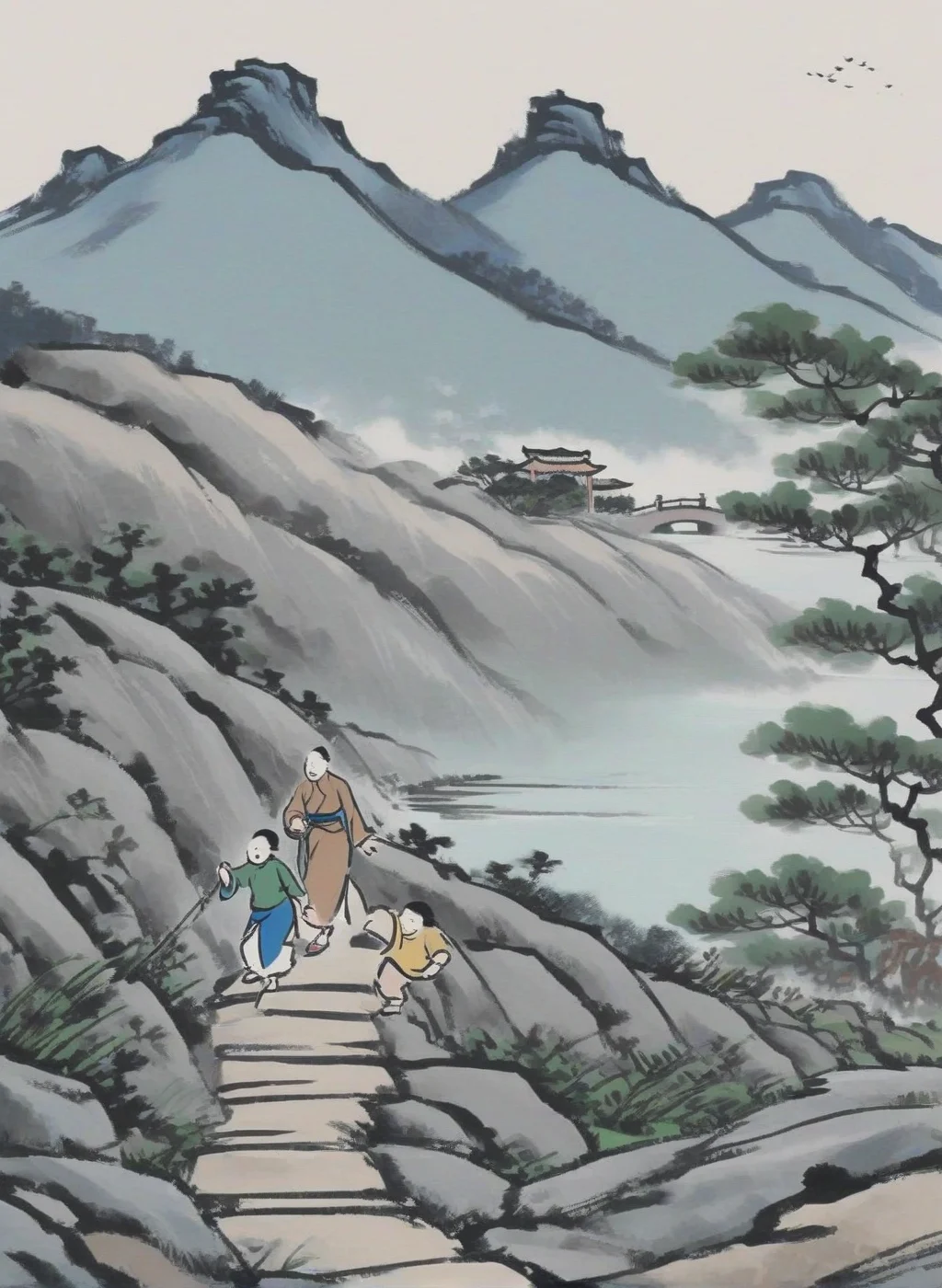 masterpiece,1lady holding 1girl's hand,climbing the moutain,stone steps road,plants,blue cheongsam,1gril|1boy| is chasing each other,mens are fishing,pool,brown cheongsam,green cheongsam,park,wind,Chinese modern comics,Chinese modern comics style,<lora:Chinese modern comics style_epoch_4:1>,