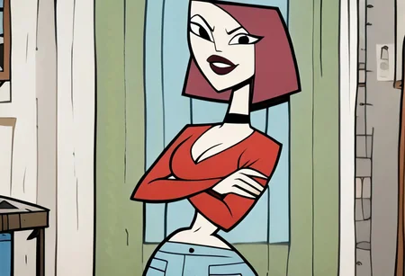 score_9, score_8_up, 2D, 1girl, solo, source_cartoon, cowboy shot, closeup, joan of arc, wide hips, narrow waist, 1girl, solo, solo focus, looking at viewer, choker, black eyes, lipstick, red top, long sleeves, cleavage, crossed arms, standing, midriff, blue pants, green boots, indoors, school <lora:JoanSDXL:1> <lora:Smooth Anime 2 Style SDXL_LoRA_Pony Diffusion V6 XL:0.65>