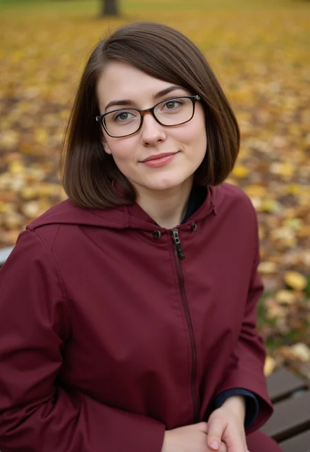 A professional-quality portrait of a young Scandinavian woman with a neat brunette bob cut, wearing stylish glasses, seated on a park bench in an autumn setting. Sheâs dressed in a (wine red raincoat:1.2), with her hands on her lap, surrounded by fallen leaves and warm tones. The woman appears relaxed and thoughtful, gazing off into the distance. (focused framing:1.4) on her, (glasses reflection:1.2) catching soft afternoon light, slight (background blur:0.8) with warm, golden autumn colors