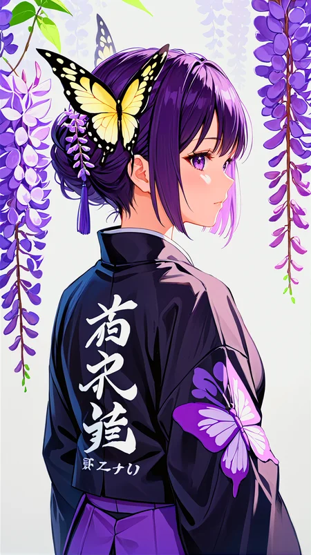 by nixeu, best quality, 1girl, demon slayer uniform, kochou shinobu, solo, impasto, realistic, from behind, upper body, facing away, butterfly hair ornament, black hair, short hair, purple hair, hair ornament, clothes writing, japanese clothes, black jacket, updo, butterfly, wisteria, haori, flower