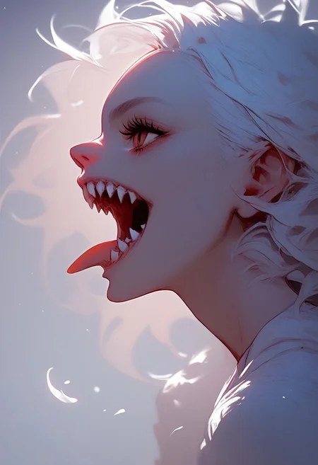 score_9, score_8_up, score_7_up,
c0l0r1f1c4t10nwh1t3,ColorificationWhite,Colorification White, 1girl, solo, open mouth, white hair, teeth, tongue, from side, eyelashes, profile, sharp teeth, portrait, close-up