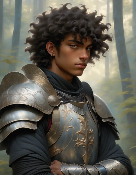 NijiEX style portrait of a young man with curly hair adorned in medieval armor with intricate designs set against a misty forest backdrop, best quality