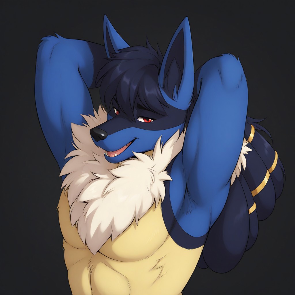 masterpiece, detailed background, best quality, absurd res, high detail, aesthetic, detailed fur, detailed hair, smooth drawing,
BREAK
AnubianL, wolf boy, lucario, anubian jackal, bara,  body fur, smug smile, jewelry, yellow fur, furry, fluffy, red eyes, furry male, animal ears, open mouth, sexy pose, white arm fluff, arms above head,
Black background, upper body, male focus,