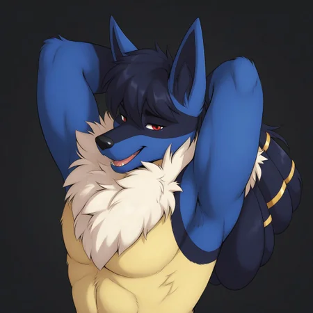 masterpiece, detailed background, best quality, absurd res, high detail, aesthetic, detailed fur, detailed hair, smooth drawing,
BREAK
AnubianL, wolf boy, lucario, anubian jackal, bara, body fur, smug smile, jewelry, yellow fur, furry, fluffy, red eyes, furry male, animal ears, open mouth, sexy pose, white arm fluff, arms above head,
Black background, upper body, male focus,