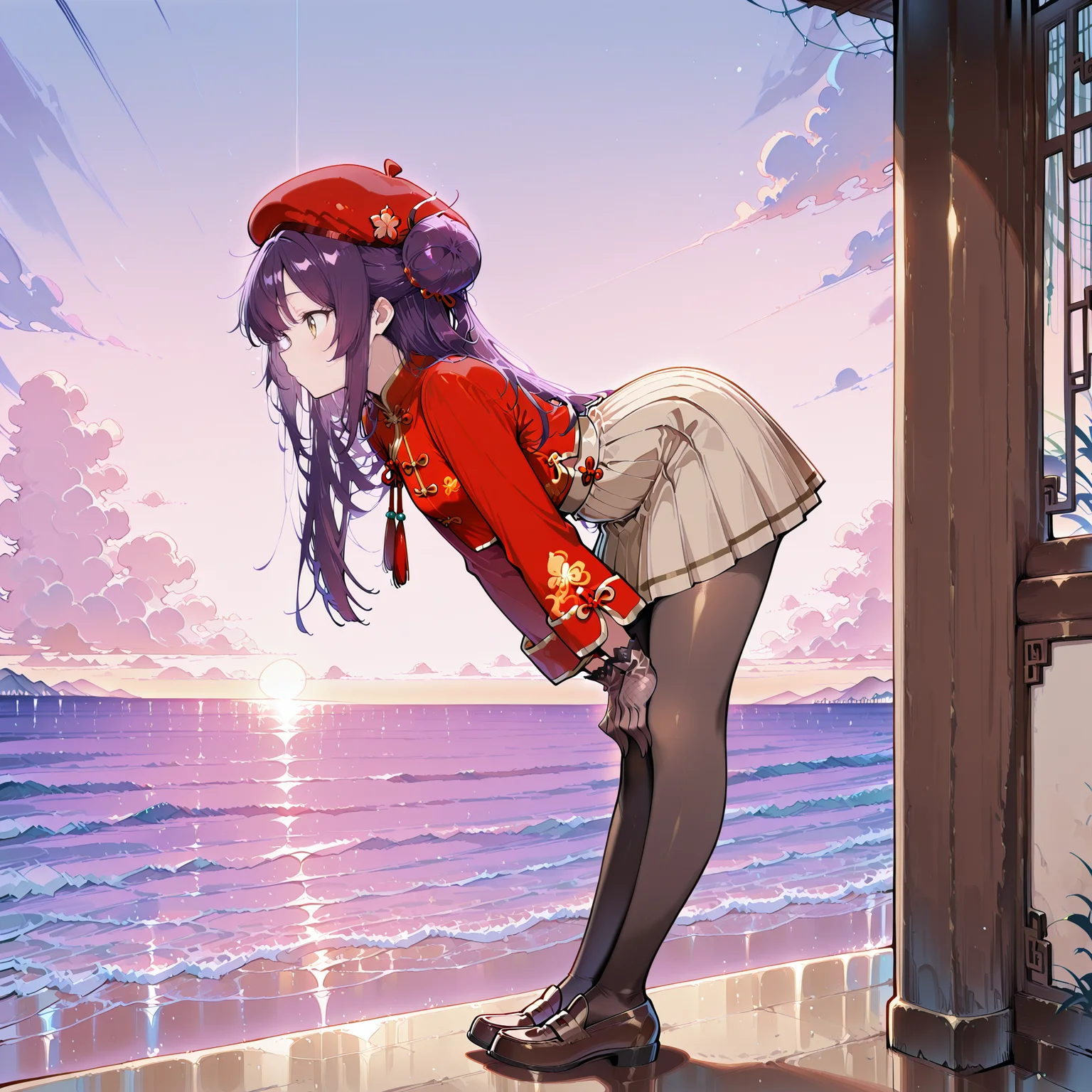 masterpiece, best quality, amazing quality, very aesthetic, absurdres, newest, scenery, 1girl, solo, <lora:ReinV2:1>, rein, purple hair, yellow eyes, long hair, hair buns, small breasts, red hat beret, red chinese clothes, long sleeves, beige skirt, pleated skirt, midi skirt, knee-length skirt, pantyhose, silk gloves, loafers, full body, from side, looking at dawn dawn, scenery, sea