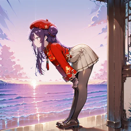 masterpiece, best quality, amazing quality, very aesthetic, absurdres, newest, scenery, 1girl, solo, <lora:ReinV2:1>, rein, purple hair, yellow eyes, long hair, hair buns, small breasts, red hat beret, red chinese clothes, long sleeves, beige skirt, pleated skirt, midi skirt, knee-length skirt, pantyhose, silk gloves, loafers, full body, from side, looking at dawn dawn, scenery, sea