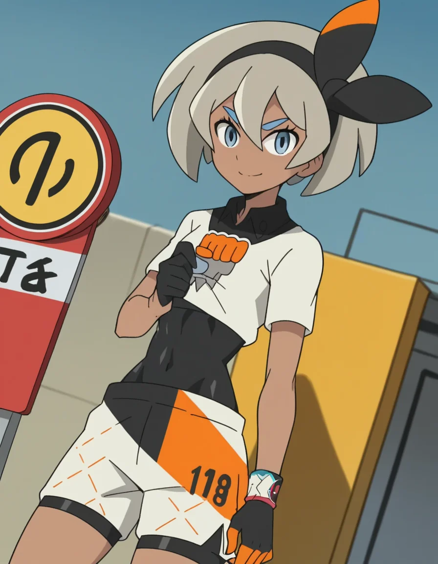 score_9, score_8_up, score_7_up, source_anime, <lora:pokemon-bea-anime-ponyxl-lora-nochekaiser:1>, pokemonbea, blue eyes, dark skin, dark-skinned female, grey hair, hair between eyes, short hair, ribbon, hair ribbon, hairband, black ribbon, black hairband,, bodysuit, covered navel, shorts, single glove, glove, crop top, white shirt, short sleeves, collar, white shorts,, bus stop, waiting, commuter, smartphone, checking time, cold morning, smile, looking at viewer, solo,, cowboy shot, dutch angle