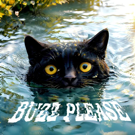 (masterpiece, best quality:1.4), Extremely Detailed, surreal visuals, 8K Ultra HD Wallpaper, semi-realistic style, stunning stylized poster, a cute scruffy black cat mostly submerged in calm water, Peeking From the Water, wide, pleading yellow eyes, soft ripples surrounding its face, ((the words 'Buzz Please' clearly written in bold, clean, sans-serif font reflected on the water surface, perfectly formed letters with slight distortion from gentle ripples)), muted pastel sky reflected in the water, soft lighting, serene and minimalist composition, detailed fur, intricate reflections, with artistic charm, sharp focus, cinematic composition, vibrant colors, cinematic color grading, depth of field, midjourneyv6.1, SimplePositiveXLv2.
