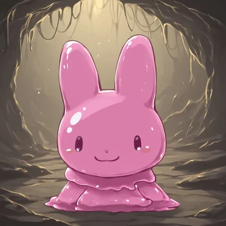 In a cave showing light above,sl1m3d,slime-morph,Mymelo made out of slime, anthro, 1female,hooded capelet, pink ears,solo,smile at you on a cute way,beautiful,high-quality,