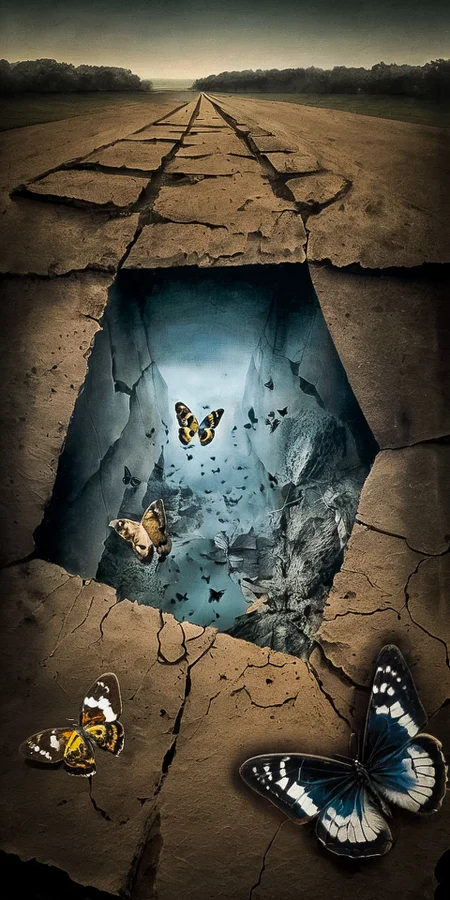 Trenches swallowed by the landscape, nature reclaiming the war zone, , ,  Moths or butterflies,Fractured landscapes, Ominous,Labyrinthine, (Complementary:1.1), (Space:1.1),  (Collage:1.1), (Underwater light:1.2), Leather, , ((Serene,calm,peaceful,tranquil:0.99),(Isolated Subject,minimal,focus on one element,Matte,dull,non-reflective,flat,Spotlight,focus,center of attention,stage:0.75),(Photo Manipulation,collage,surreal,mixed media:0.99):0.5), ultra detailed, intricate, oil on canvas, dry brush, (surrealism:1.1), (disturbing:1.1) <lora:d4lixl:0.7>
