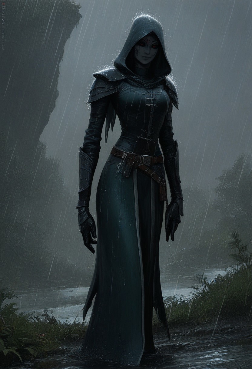 score_9, score_8_up, score_7_up, 
1 girl, ((dunmer)), skyrim dark elf, elder scrolls, dunmer wizard wearing robes standing outside in rain in fantasy landscape. 
Full body view. ((dark grey ashen skin)), drow with dark grey skin, dark grey small lips, small nose, (((large dark red eyes, no sclera))), narrow slender face, pronounced cheekbones, feminine, pretty, subtle seductive smile, facial tattoos, (wearing black sorceress robes, wearing wizard robes, battlemage outfit)), 
((outside in rain, raining)), wet, alien plants in background, cliffs in background. 
photo, raw, fantasy, concept art, realistic