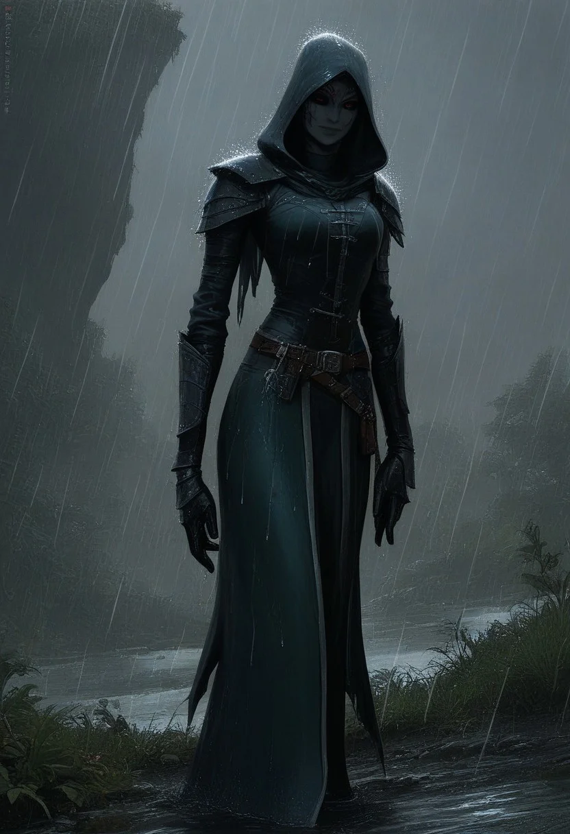 score_9, score_8_up, score_7_up,
1 girl, ((dunmer)), skyrim dark elf, elder scrolls, dunmer wizard wearing robes standing outside in rain in fantasy landscape.
Full body view. ((dark grey ashen skin)), drow with dark grey skin, dark grey small lips, small nose, (((large dark red eyes, no sclera))), narrow slender face, pronounced cheekbones, feminine, pretty, subtle seductive smile, facial tattoos, (wearing black sorceress robes, wearing wizard robes, battlemage outfit)),
((outside in rain, raining)), wet, alien plants in background, cliffs in background.
photo, raw, fantasy, concept art, realistic