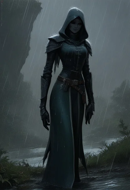 score_9, score_8_up, score_7_up, 
1 girl, ((dunmer)), skyrim dark elf, elder scrolls, dunmer wizard wearing robes standing outside in rain in fantasy landscape. 
Full body view. ((dark grey ashen skin)), drow with dark grey skin, dark grey small lips, small nose, (((large dark red eyes, no sclera))), narrow slender face, pronounced cheekbones, feminine, pretty, subtle seductive smile, facial tattoos, (wearing black sorceress robes, wearing wizard robes, battlemage outfit)), 
((outside in rain, raining)), wet, alien plants in background, cliffs in background. 
photo, raw, fantasy, concept art, realistic