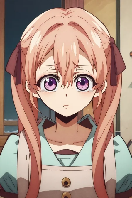 zPDXL, score_9, score_8_up, score_7_up, source_anime, , rating_safe, , , depth of field, 1girl, <lora:erika_amano_pony:0.70>, erika_amano, pink hair, purple eyes, long hair, bangs, hair between eyes, twintails, ribbon, hair ribbon, solo, upper body, snowy mountain, indoors, light, kneeling, tearing up, <lora:hanako-kun_style_pony:1.2>, hanako-kun_style, , <lora:sdxl_lightning_8step_lora:1>