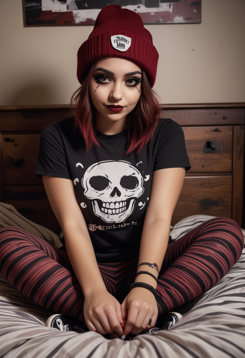(medium full shot) of (enigmatic emo girl) young woman, curvy build, medium hazel retro hair, persian, tan skin, brown eyes, wearing a black graphic tee, striped leggings with grunge look, vans with skull prints, dark red lipstick, smoky eyeshadow, heavy eyeliner, beanie choker necklace, set in  a cozy bedroom, with warm lighting, dark-themed bedding, personal touches, and scattered books , during a storm, woman smiling, detailed face, ,Masterpiece,best quality, raw photo, realistic, very aesthetic
