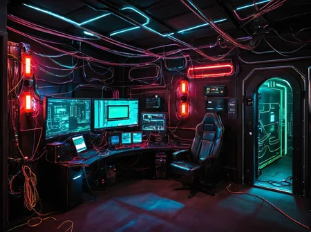 masterpiece, best quality,
<lora:gits_style:0.6>,
gits95,
, no humans, scenery, cable, computer, indoors, chair, monitor, television, door,wire,cable,dark style,night,cyberpunk theme,glowing cable,glow wire