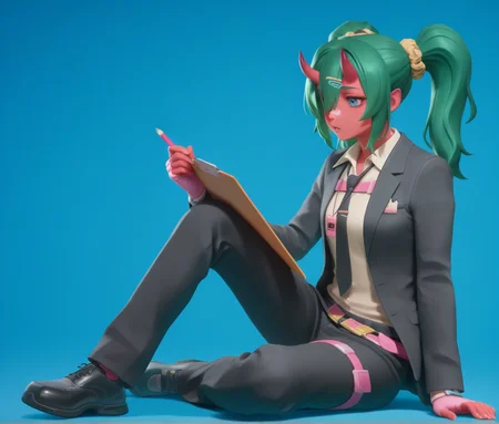 highly detailed, holding a clipboard and a pencil, blue background, solid background, 1girl, solo, green hair, twintails, ponytail, long hair, bangs, hair between eyes, hair over one eye, ears, horns, oni horns, single horn, red skin, pink skin, blue eyes, parted lips, bandaid, bandaid on nose, bandaid on thighs, colored skin, hair ornament, hairclip, scrunchie, black suit jacket, open suit jacket, white collared shirt, black tie, black necktie, black trousers, black pants, black shoes, <lora:Fortnite_Nemia_Demonically_Cute_Set_ILXL_E29_16_DIM:1>