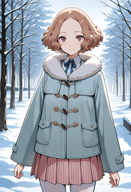(masterwork, masterpiece, best quality, hyper-detailed),
1 girl, solo,
p5haru, brown hair, short hair, wavy hair,
p5haru-wintercas, fur trim, fur-trimmed jacket, duffle coat, light blue duffle coat, neck ribbon, blue neck ribbon, pink skirt, white pantyhose, pink skirt,
outdoors, park, trees, cold, standing, looking at viewer, smile, cowboy shot,