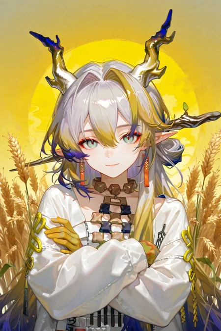 masterpiece,best quality,shu \(arknights\), arknights, 1girl, beads, blonde hair, closed mouth, crossed arms, dragon girl, dragon horns, eastern dragon horns, green eyes, grey hair, grey horns, hair between eyes, hair intakes, hair spread out, hands up, horns, light smile, long hair, long sleeves, looking at viewer, multicolored hair, plant, purple hair, solo, surreal, very long hair, wheat, yellow horns ,best quality,very aesthetic,absurdres,<lora:DewdropLines :0.7>,<lora:vibrant_v5:0.3>,