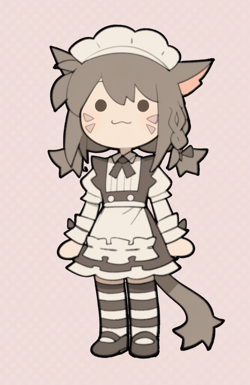 1girl, solo, <lora:TemmieChang_v5:0.9> tmchng,
miqotem, brown hair, solid circle eyes, tail, facial mark, low twintails, braid, chibi, petite, :3, . .,
maid-style cafe uniform, blouse, frilled apron, short skirt, striped thighhighs, mary janes, hair bow, light smile, happy, looking at viewer, extremely detailed, highres, masterpiece, best quality