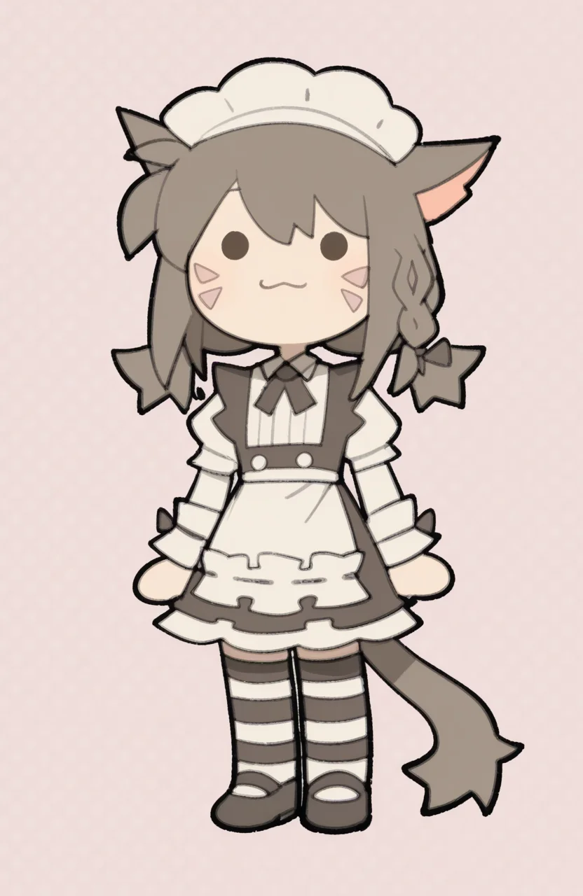 1girl, solo, <lora:TemmieChang_v5:0.9> tmchng,
miqotem, brown hair, solid circle eyes, tail, facial mark, low twintails, braid, chibi, petite, :3, . .,
maid-style cafe uniform, blouse, frilled apron, short skirt, striped thighhighs, mary janes, hair bow, light smile, happy, looking at viewer, extremely detailed, highres, masterpiece, best quality