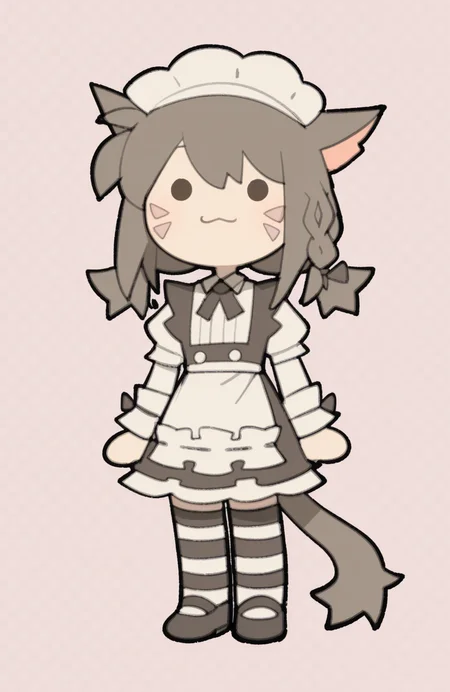 1girl, solo, <lora:TemmieChang_v5:0.9> tmchng,
miqotem, brown hair, solid circle eyes, tail, facial mark, low twintails, braid, chibi, petite, :3, . .,
maid-style cafe uniform, blouse, frilled apron, short skirt, striped thighhighs, mary janes, hair bow, light smile, happy, looking at viewer, extremely detailed, highres, masterpiece, best quality