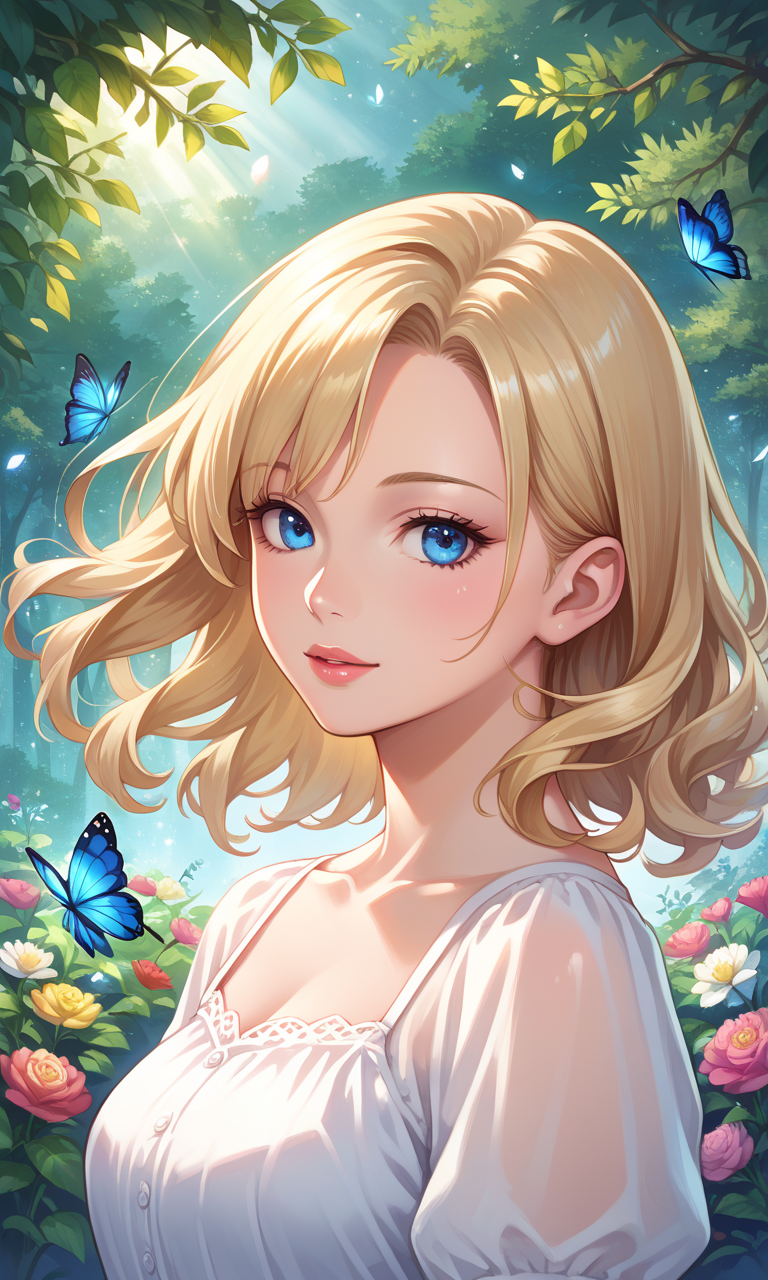 score_9, score_8_up, score_7_up, source_anime, BREAK, portrait, face focus, 1girl, solo, blonde hair, white dress, looking at viewer, beautiful shiny blue eyes, floating, lights, flowers, colorful, garden, detailed colorful background, forest, butterfly