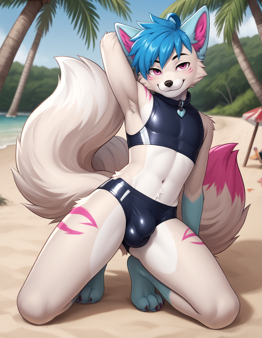 outdoors,beach,
Oliver,1boy,solo,blue hair,furry male,fox,animal ears,pink eyes,white fur,body fur,short hair,tail,bangs,two-tone fur,animal nose,snout,fox tail,fox ears,purple eyes,animal ear fluff,
full body,seductive smile,long eyelashes,
swimsuit,bulge,pose,
<lora:Oliver_v01_PDXL:1>,