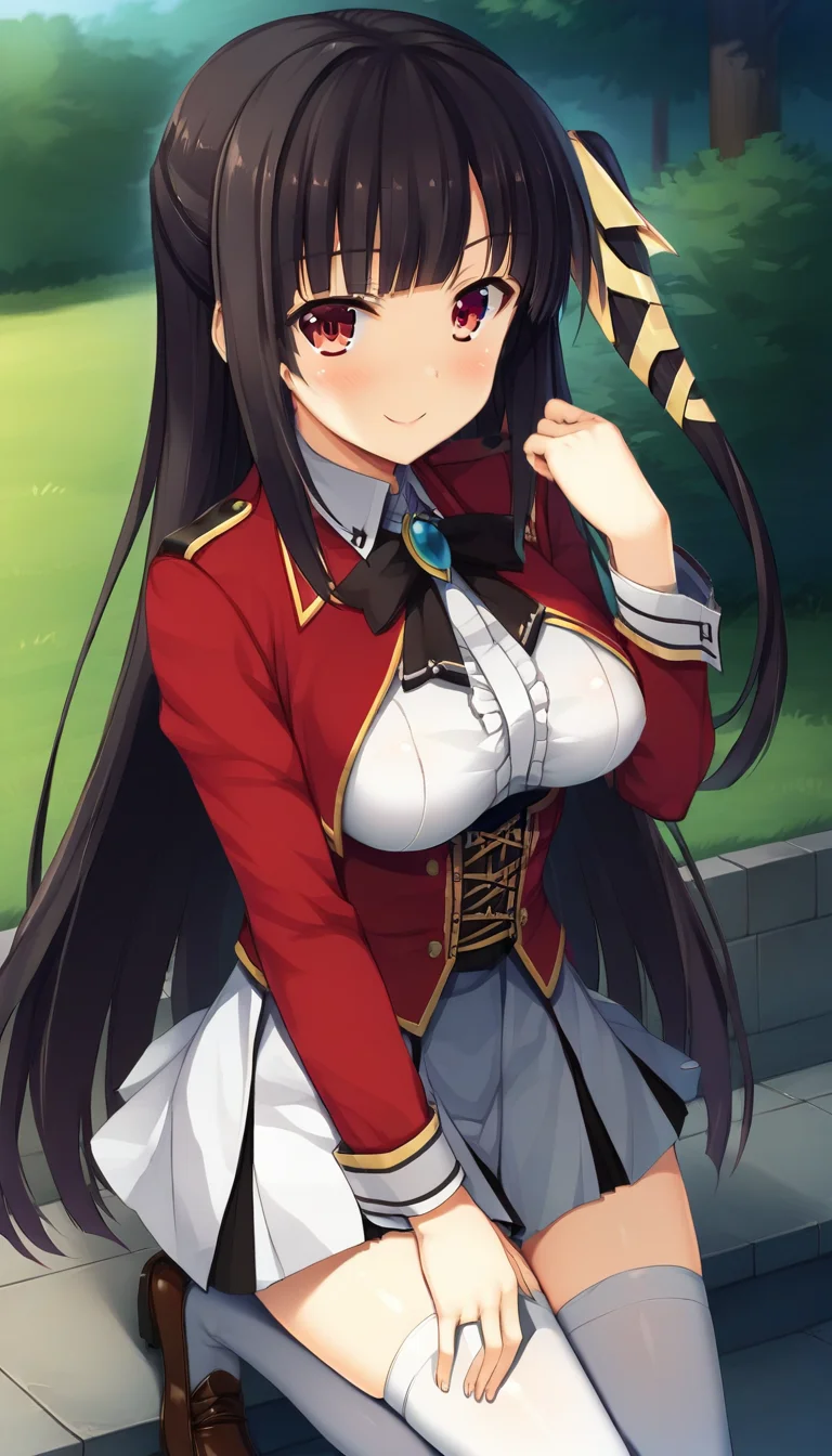 score_9,score_8_up,masterpiece,best quality,correct anatomy,anime_source,1girl,solo,perfect eyes,perfect arms,perfect legs,perfect face,outdoors,upper body,(portrait:1.5),looking at viewer,facing viewer,smile,blush,Shidou Mana,very long hair,black hair,one side up,hair ribbon,yellow ribbon,sidelocks,blunt bangs,red eyes,uniform,black bowtie,black ribbon,brooch,red jacket,cropped jacket,white shirt,collared shirt,center frills,shirt breasts out,red corset,long sleeves,large breasts,underbust,jewelry,miniskirt,white skirt,pleated skirt,zettai ryouiki,white thighhighs,loafers,brown footwear,<lora:Shidou Mana(kpk)-Pony:1.4>,