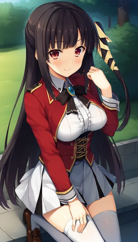score_9,score_8_up,masterpiece,best quality,correct anatomy,anime_source,1girl,solo,perfect eyes,perfect arms,perfect legs,perfect face,outdoors,upper body,(portrait:1.5),looking at viewer,facing viewer,smile,blush,Shidou Mana,very long hair,black hair,one side up,hair ribbon,yellow ribbon,sidelocks,blunt bangs,red eyes,uniform,black bowtie,black ribbon,brooch,red jacket,cropped jacket,white shirt,collared shirt,center frills,shirt breasts out,red corset,long sleeves,large breasts,underbust,jewelry,miniskirt,white skirt,pleated skirt,zettai ryouiki,white thighhighs,loafers,brown footwear,<lora:Shidou Mana(kpk)-Pony:1.4>,