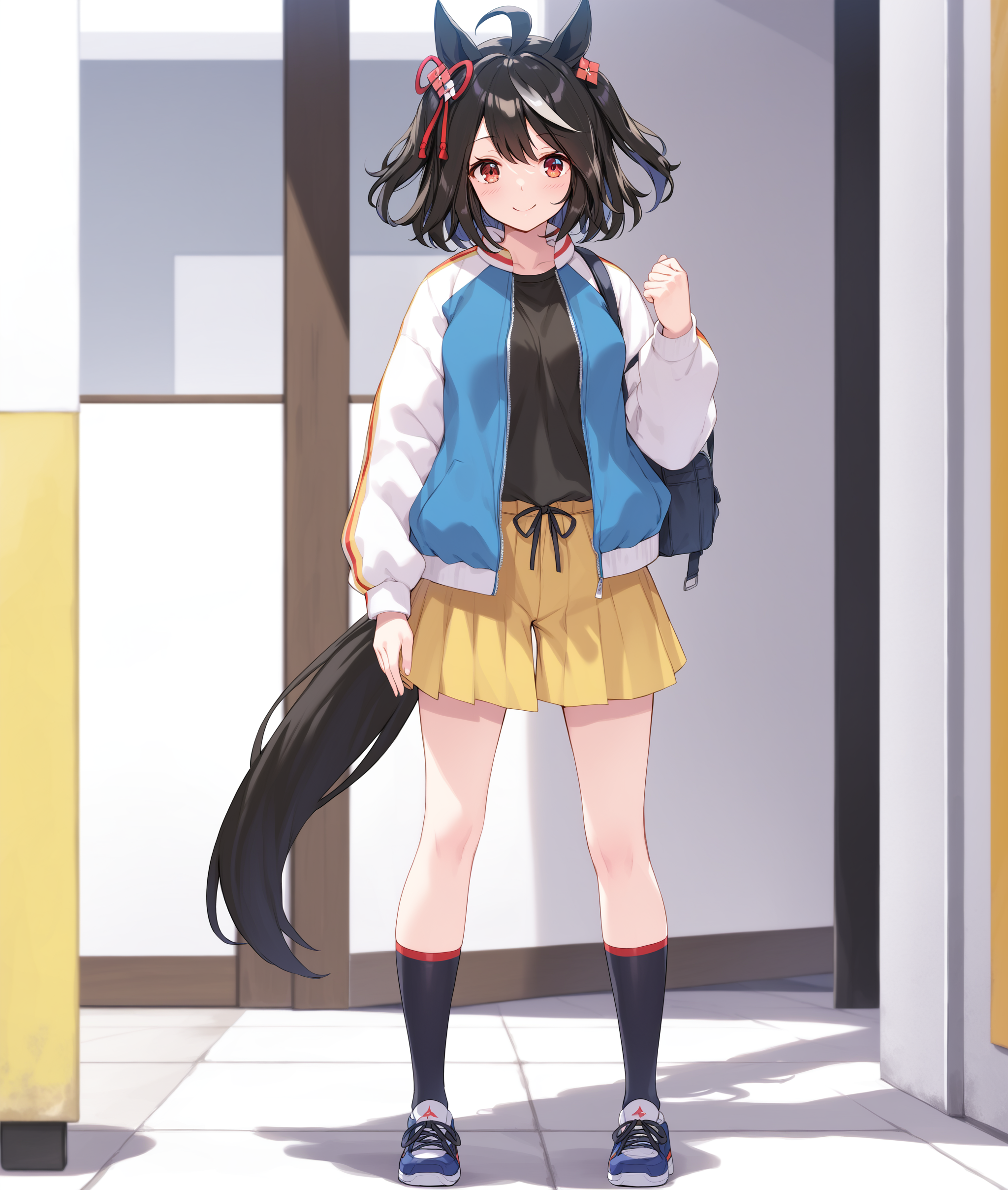 score_9, score_8_up, score_7_up BREAK
casual_clothes, 1girl, solo, looking at viewer, blush, smile, short hair, bangs, skirt, shirt, black hair, hair ornament, red eyes, long sleeves, ribbon, animal ears, closed mouth, standing, jacket, tail, full body, ahoge, multicolored hair, open clothes, shoes, shorts, alternate costume, socks, hand up, open jacket, two side up, streaked hair, black shirt, horse ears, horse girl, black socks, sneakers, clenched hand, horse tail, yellow skirt, yellow shorts, 
<lora:Kitasan_Black-ponyXL_V1:0.8>,