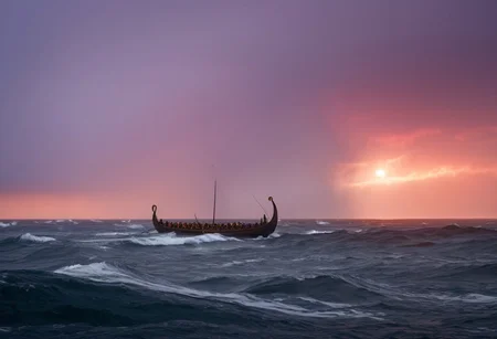 viking ship in front of the sunset, setting on the horizon, (one translucent square sail), men on board, oar, round shields on the side, (dragon head on the bow), crashing waves, rough seas, warm orange and pink hues casting a beautiful glow, cinematic lighting, ethereal atmosphere, subsurface scattering, sss, translucent, landscape, along the coastline of iceland), (smoke, volumetric fog), stormfront and (lightning in the distance:1.2), (illumination, insane, stunning, dramatic, completed artwork), perfect vivid gradient colors, a finished masterpiece of art, Masterpiece, Highly Detailed, Ultra-Detailed, Cinematic Lighting, Hdr, Sharp Focus, <lora:Viking_Ship:1>, <lora:sss:0.8>