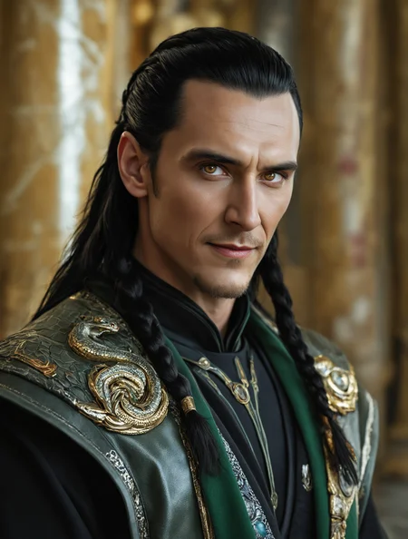 breathtaking detailed, masterpiece, absurdres, awe-inspiring, best quality, vibrant colors, nbn-loki, loki, upper body, black hair, twin braids, short beard, brown eyes, robe, snake insignia, mischievous, cinematic lighting, realistic, temple in background<lora:sdxl_NBN-Loki_NordicByNature.safetensors:0.8:0.8>