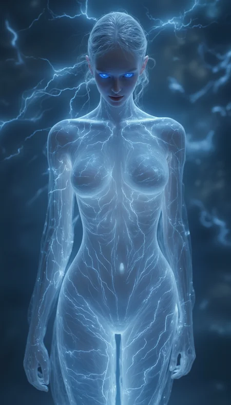 bailing_lightning, 1girl, composed of elements of thunder,thunder,electricity,Create a spectral woman with a (translucent appearance:1.3),Her form is barely tangible,with a soft glow emanating from her gentle contours,The surroundings subtly distort through her ethereal presence,casting a dreamlike ambiance,(white hair:0.1),((BLUE eyes)),((glowing)),