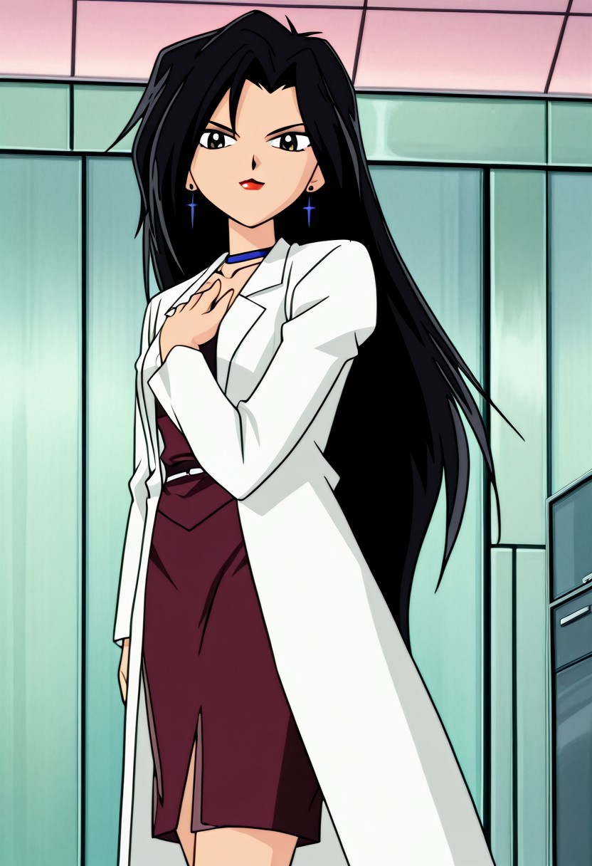 score_9, score_8, score_7, Detailed background, detailed background,anime style, doctor k, adult, 1girl, solo, labcoat, jewelry, long hair, earrings, lipstick, skirt, makeup, choker, pencil skirt, long sleeves, hand on own chest, looking at viewer