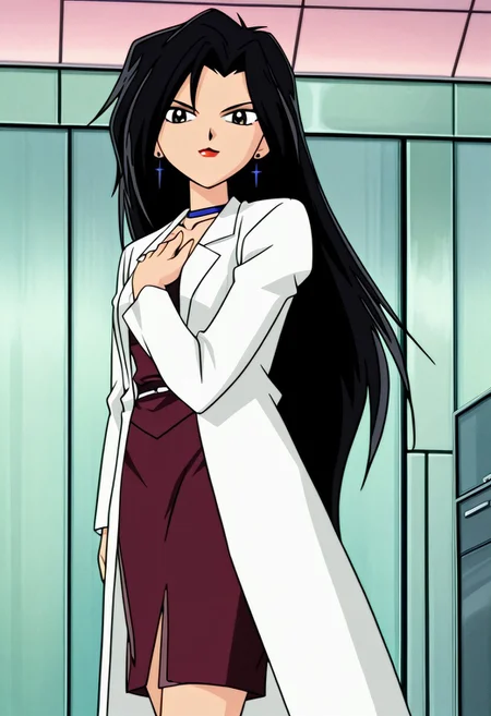 score_9, score_8, score_7, Detailed background, detailed background,anime style, doctor k, adult, 1girl, solo, labcoat, jewelry, long hair, earrings, lipstick, skirt, makeup, choker, pencil skirt, long sleeves, hand on own chest, looking at viewer