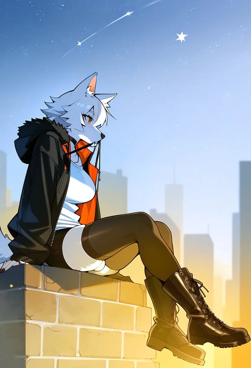score_9,score_8_up,score_7_up,score_6_up,score_5_up,score_4_up, source_anime,anime,2d,Explicit_rating, futanari, 1girl, night, solo, sky, thighhighs, animal_ears, furry_female, shorts, black_hair, sitting, furry, tail, night_sky, jacket, black_thighhighs, outdoors, star_(sky), short_hair, body_fur, rooftop, fur_trim, black_shorts, open_clothes, animal_nose, long_sleeves, starry_sky, orange_eyes, choker, black_footwear, shirt, hood, shoes, black_choker, white_fur, open_jacket, hood_down, breasts, cloud, from_side, building, grey_shirt, black_fur, mouth_hold, short_shorts, profile, snout, wolf_girl, black_nails, hooded_jacket, boots, bangs, cityscape, sleeves_past_wrists