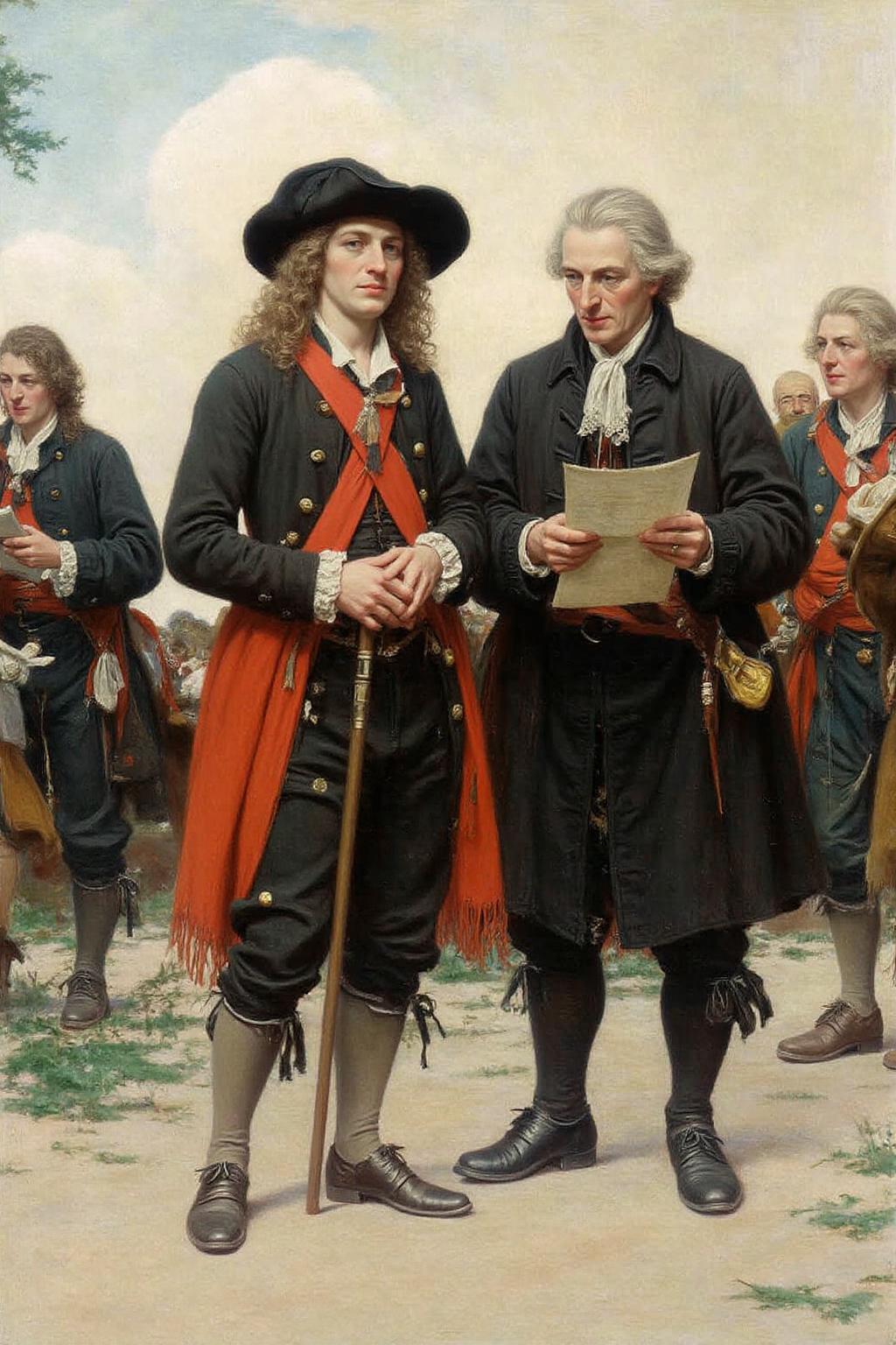 hopy1 illustration.
A group of people dressed in 18th century clothing. The central figure, a man with long, curly hair and a dark, wide-brimmed hat, stands out, standing with a cane. Beside him a man dress in black is reading from a piece of paper. <lora:hopy1_cap_d6a3e12:1.0><lora:826166113906900596:0>