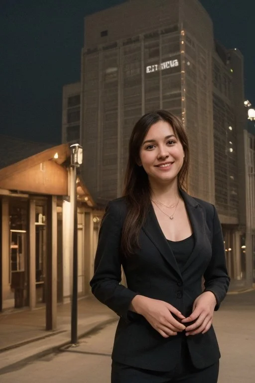 30yo American woman wearing bussiness suit with an American pin on chest.
Holding a flag.
Dark black smooth long hair ponytail. smiling.
Looking at camera.
Dynamic varying pose.
Outside bussiness. Night time,
Night time, dark.