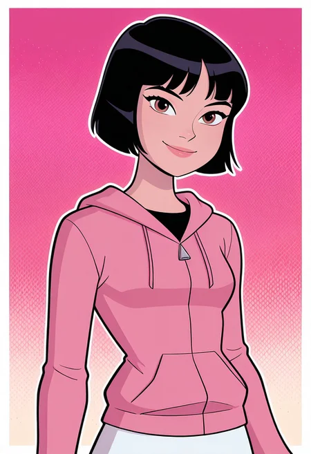 <lora:julieaf:1> julieaf, 1girl, short hair, black hair, long sleeves, lips, pink hoodie, white skirt, smile, looking at viewer, hoodie over skirt, screencap, zipper line, upper body, halftone effect, white borders, abstract background:1.2,