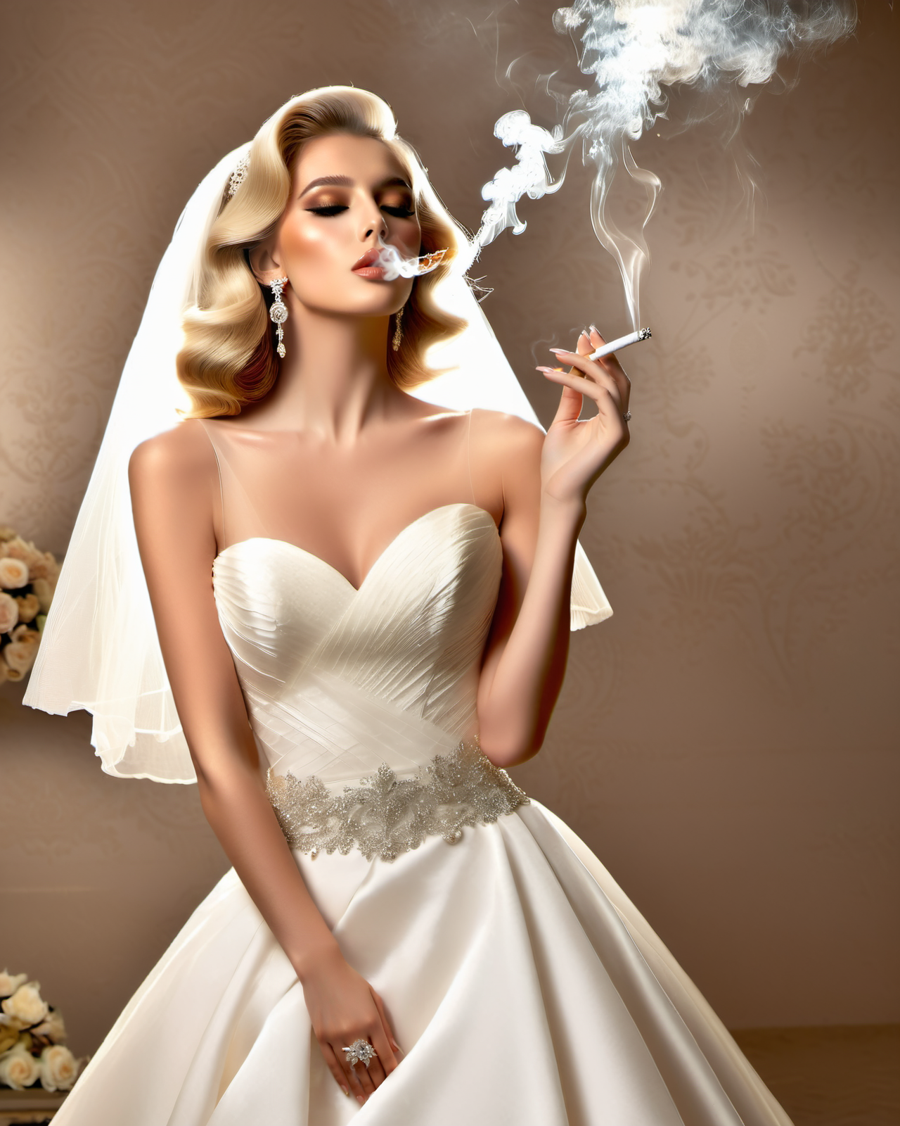 1girl, alluring, makeup, realistic,   narrow waist,  wedding dress, blonde hair
<lora:Smoking_Babes_XL_V2:0.6>
smoking