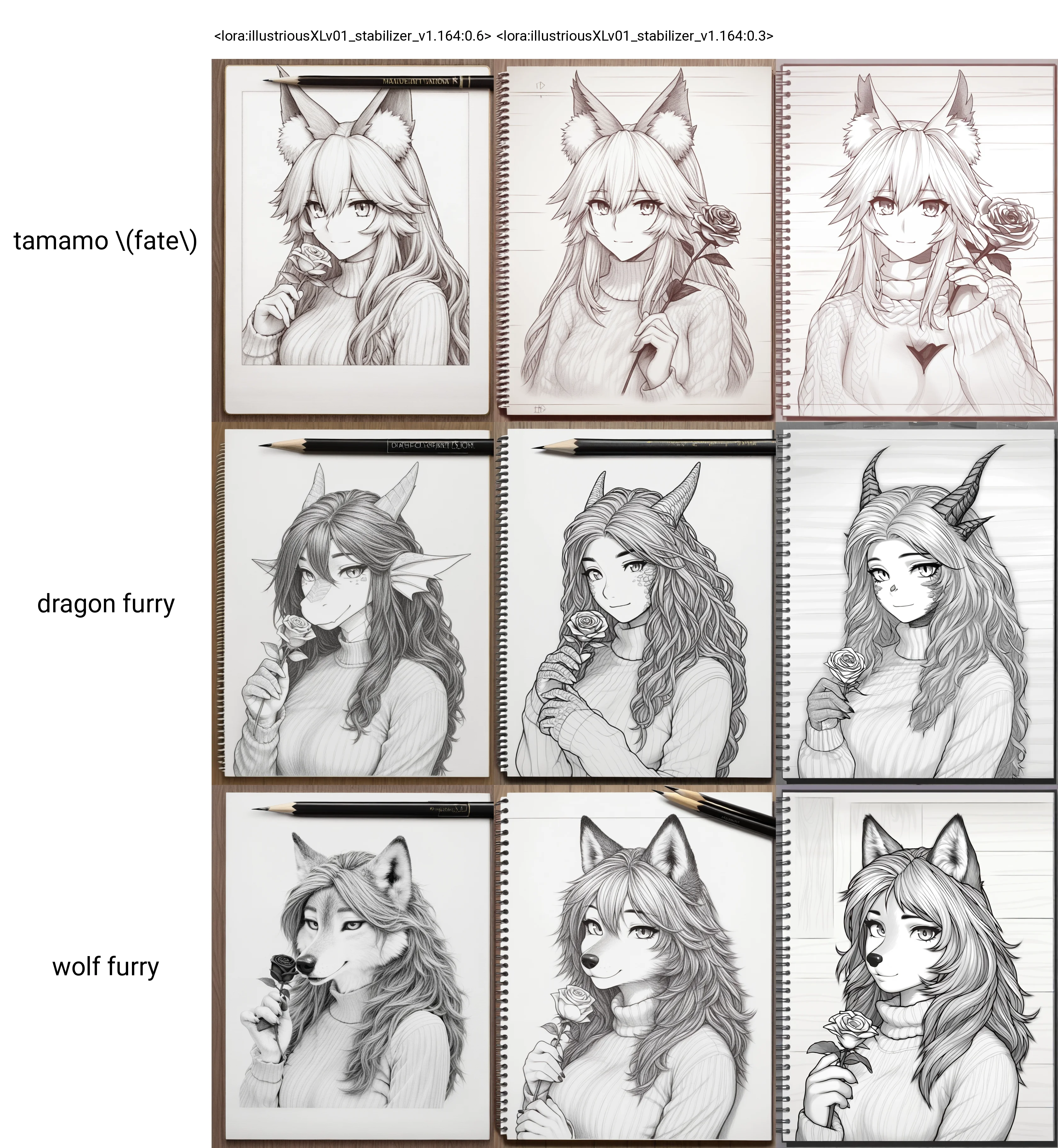 <lora:illustriousXLv01_stabilizer_v1.164:0.6>pencil art on notebook,pencil on wooden surface,1girl,tamamo \(fate\),light smile,long hair,sweater,portrait,holding rose flower,monochrome,masterpiece,