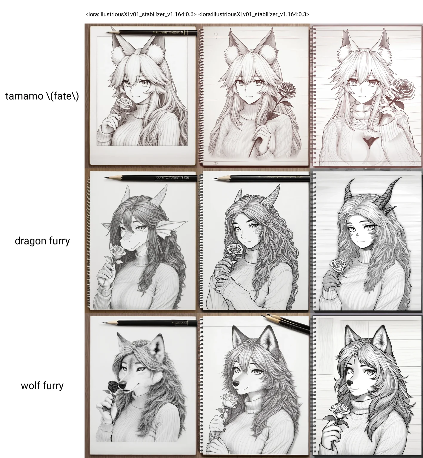 <lora:illustriousXLv01_stabilizer_v1.164:0.6>pencil art on notebook,pencil on wooden surface,1girl,tamamo \(fate\),light smile,long hair,sweater,portrait,holding rose flower,monochrome,masterpiece,
